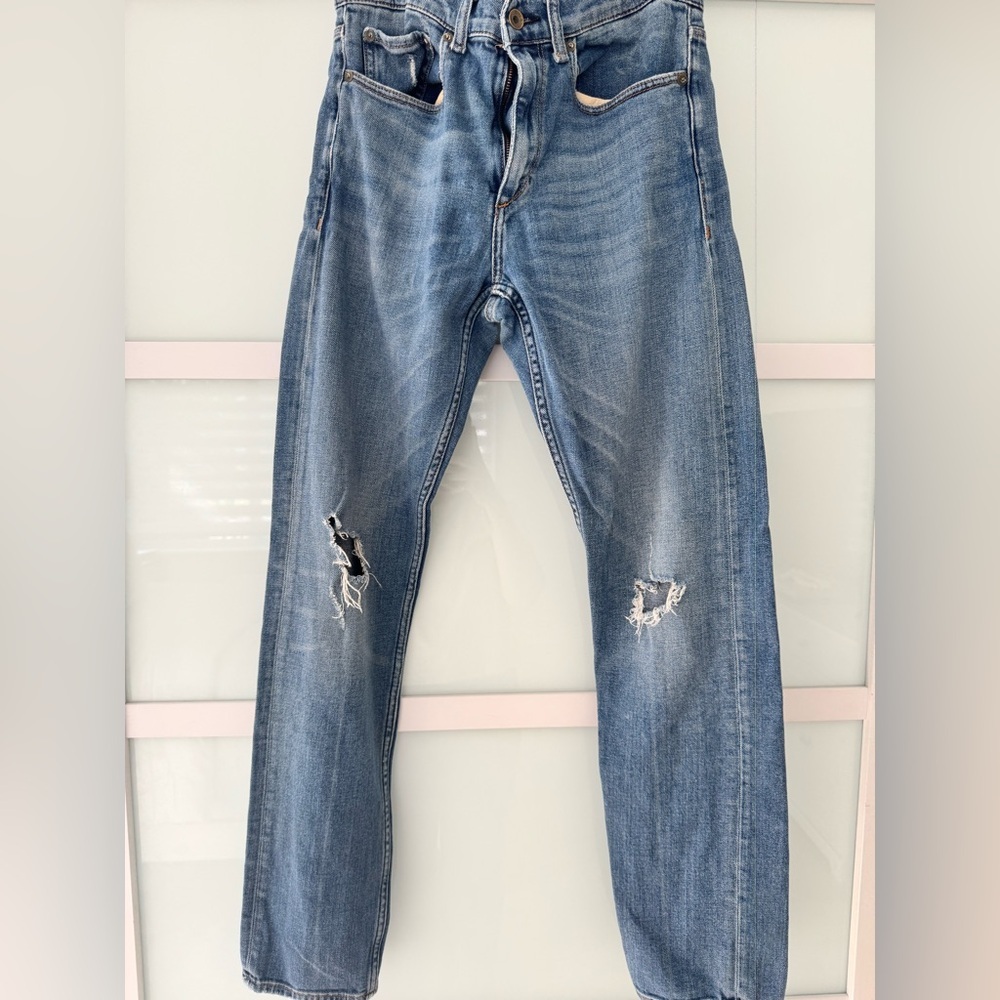 MENS RAG AND BONE SLIM FIT 2 DENIM- SIZE 31 WAIST/33INCH INSEAM- DISTRESSED KNEE